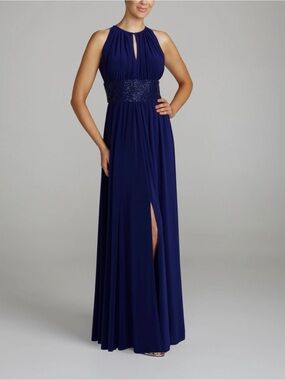 R&M Richards Blue Halter Maxi Gown with Beaded Waistband
